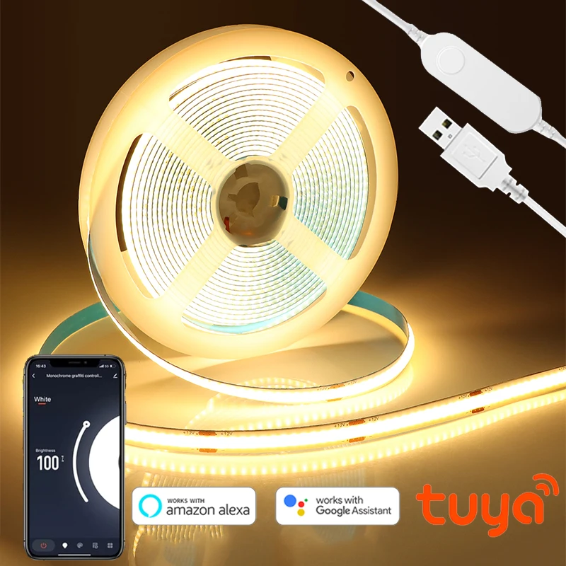 

Tuya DC 5V USB COB LED Strip Light 320LEDs/M WiFi Remote Dimmable Cabinet TV Backlight Lamp Tape Alexa Google Home Voice Control