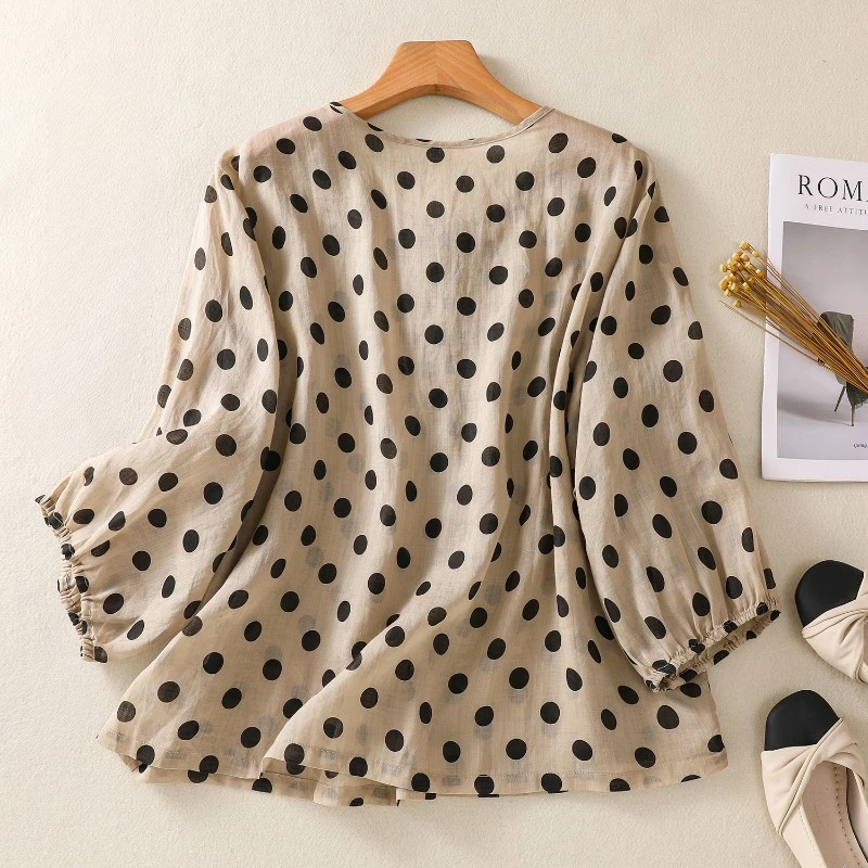 Polka Dots Chiński Styl Bluzki Damskie Letnie Bawełniane Topy Konopie Odzież Vintage Sprzedaż Luźne Koreańskie Koszule Damskie z Krótkim Rękawem