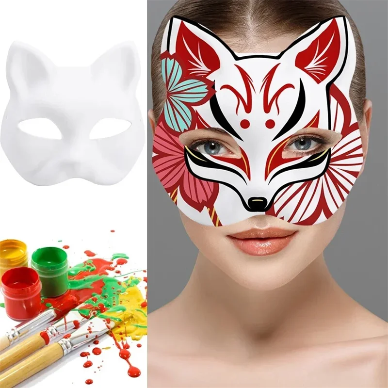 Japanese Mask Paper - DIY Paintable Cat Half Face Mask for Halloween Cosplay Animal Costume Party Decor Craft Prop Blank Mask