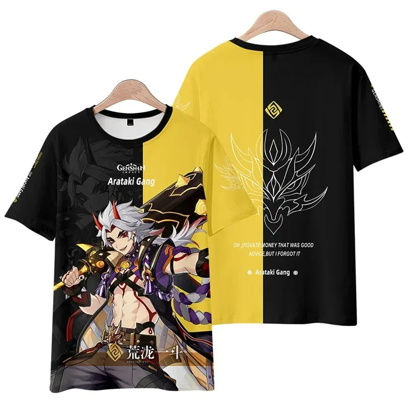 Anime genshin impacto arataki itto 3d t camisa das mulheres dos homens verão moda manga curta engraçado tshirt gráfico