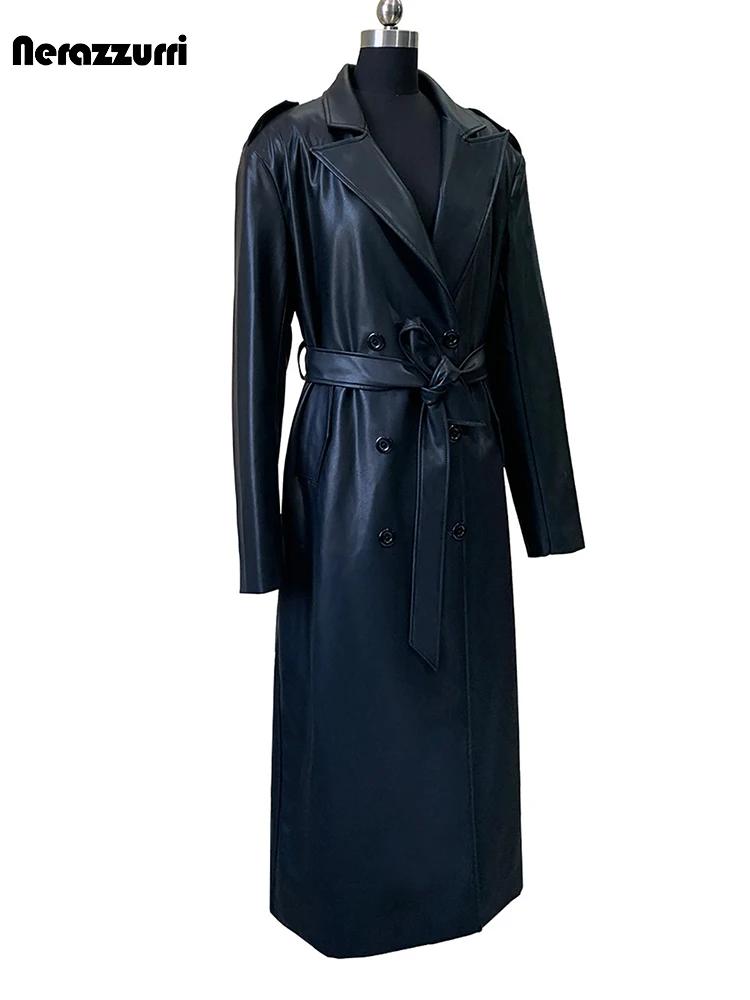 Nerazzurri Autumn Extra Long Black Soft Pu Leather Trench Coat for Women Shoulder Pads  Loose Casual Luxury Designer Overcoat