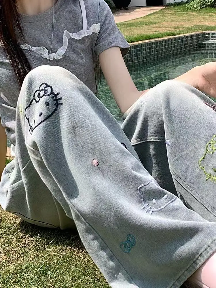 Sanrio Kawaii Jeans Hello Kittys Linda niña pantalones de pierna ancha cintura alta nuevo estilo pantalones vaqueros sueltos cómodos dibujos animados rectos