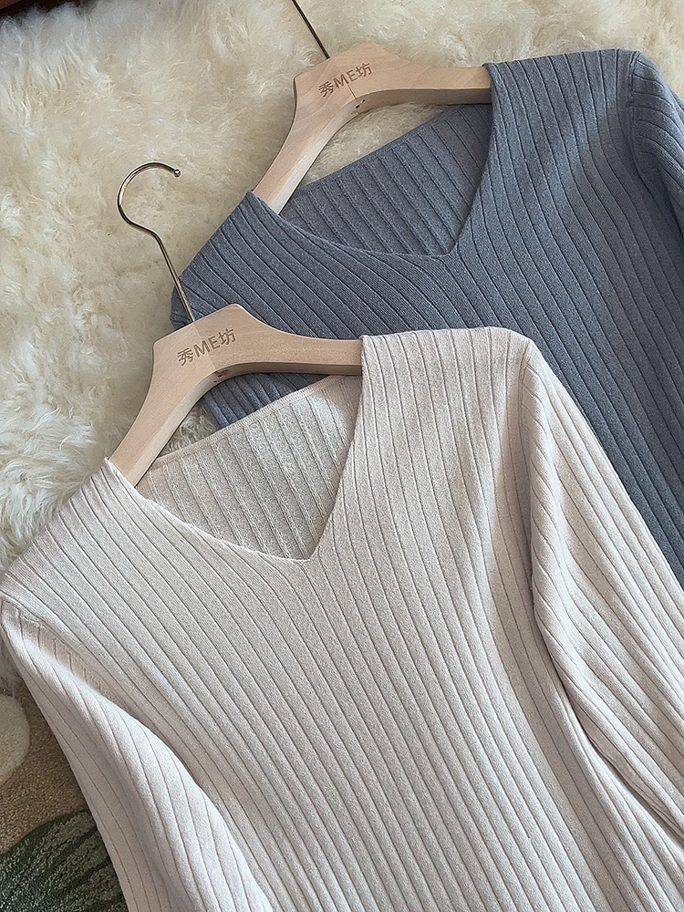 

Шелковый шерстяной вязаный женский свитер V-Ne Long Sve, осень-зима, уличный, облегающий базовый слой, однотонный дизайн