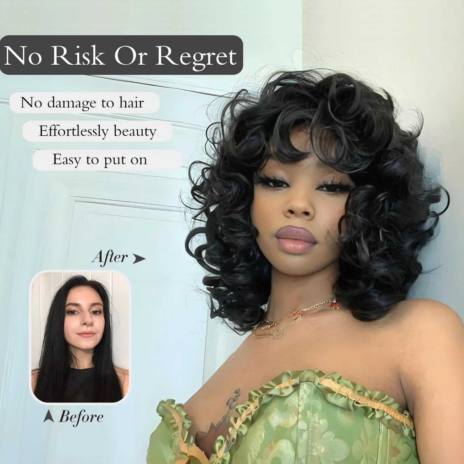 Short Curly Wigs for Black Women Soft Black Big Curly Wig with Bangs Afro Kinky Curls Heat Resistant Natural Looking Synthetic