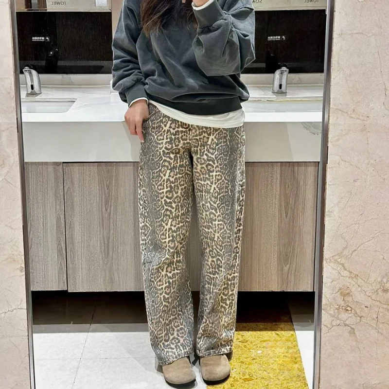 American Y2K Retro Light Leopard Jeans 2024 Summer Spicy Girl New Woman Hiphop Street Vibe Style Loose Straight Wide Leg Pants