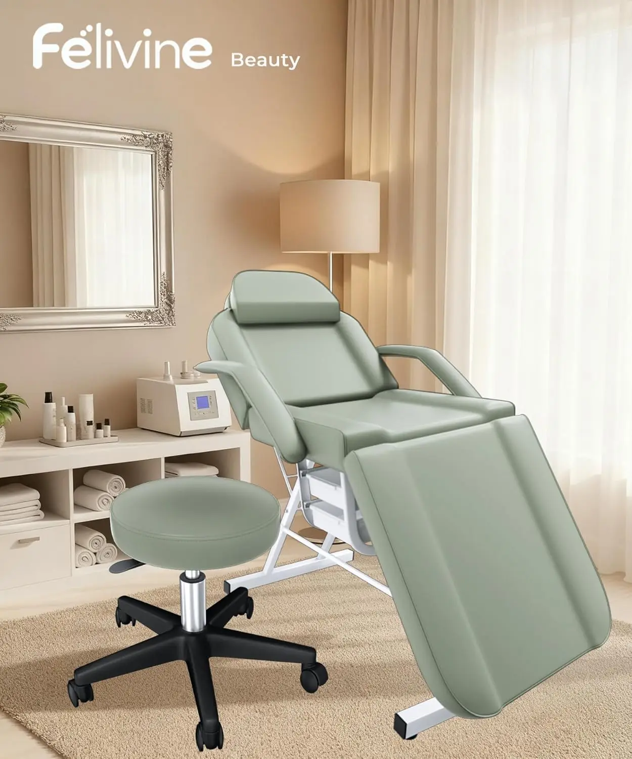 Tattoo Chair with Hydraulic Swivel Stool, Adjustable Tattoo Bed & Professional Facial Bed Set, 3-Section Reclining Tattoo Table with Storage Drawers for Tattoo Parlor & Med Spa, Light Green