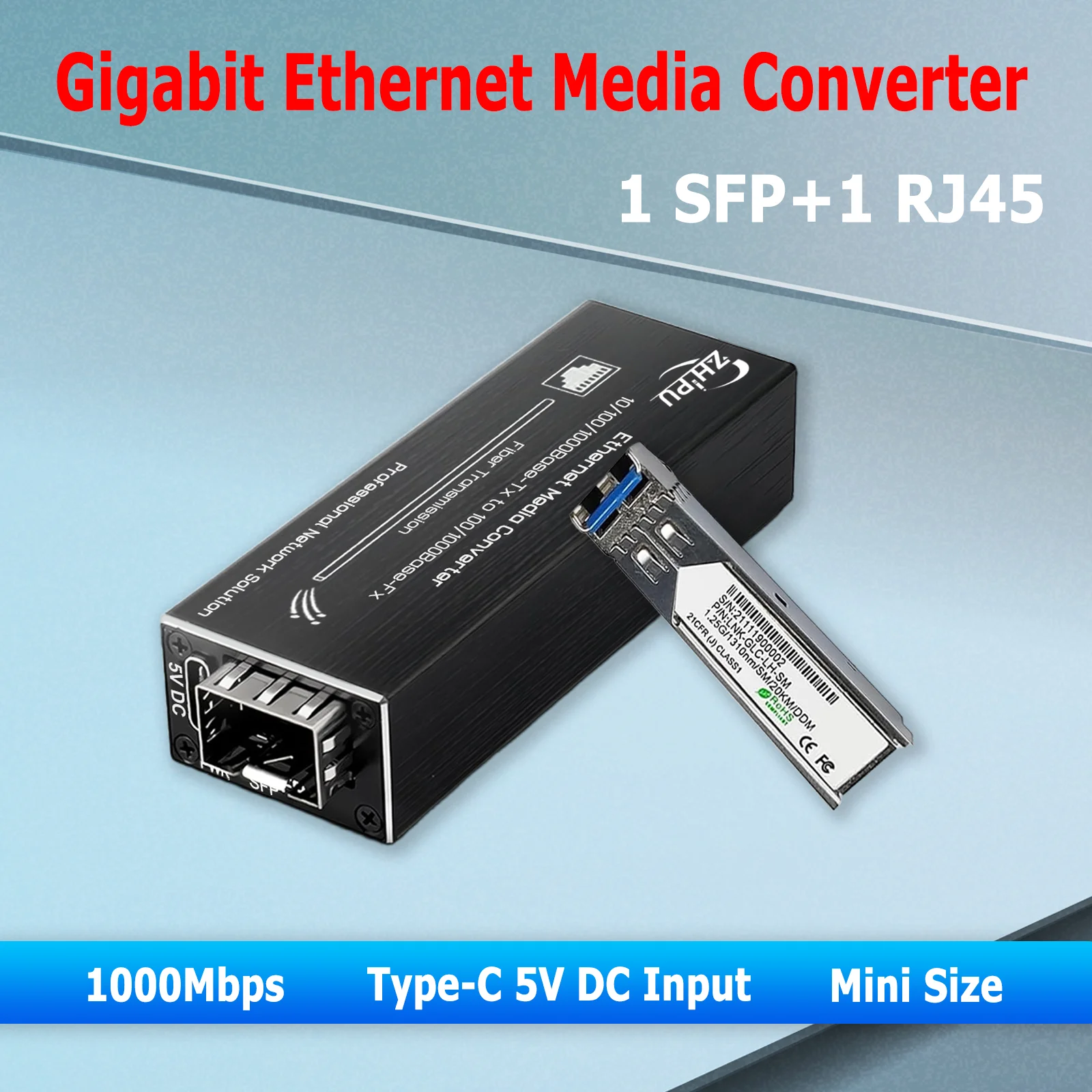 

Mini Gigabit Fiber Media Converter 10/100/1000Mbps with 1310nm Single Mode 20km SFP Module & USB Type-C Power Input