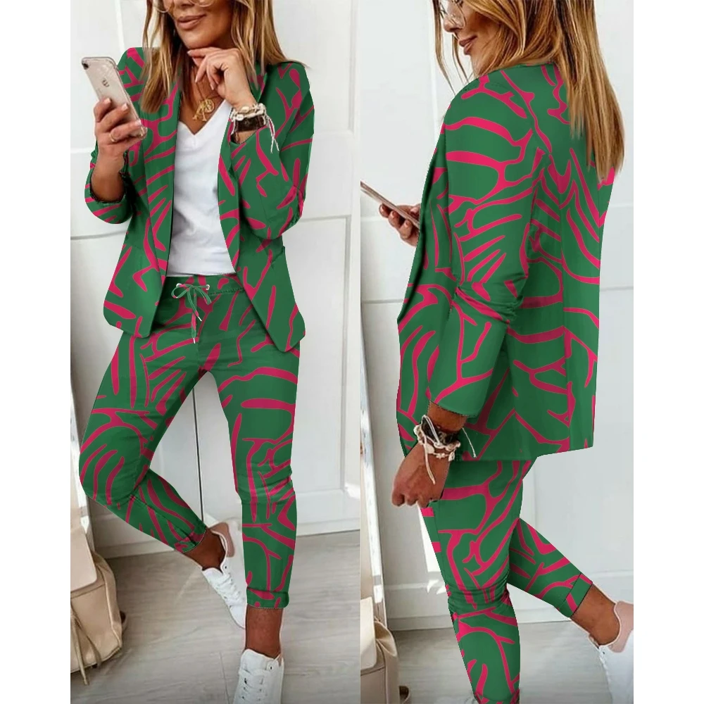 

Autumn Women Allover Print 2 Pieces Single Button Blazer Pants 2022 Femme Pocket Design Jacket Trousers Office Lady Outfits