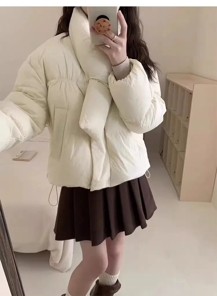 여성용 겨울 탑 재킷 다운 코트 스카프 카울 버튼 따뜻한 두꺼운 빈티지 심플 편안한 새로운 부드러운 겉옷