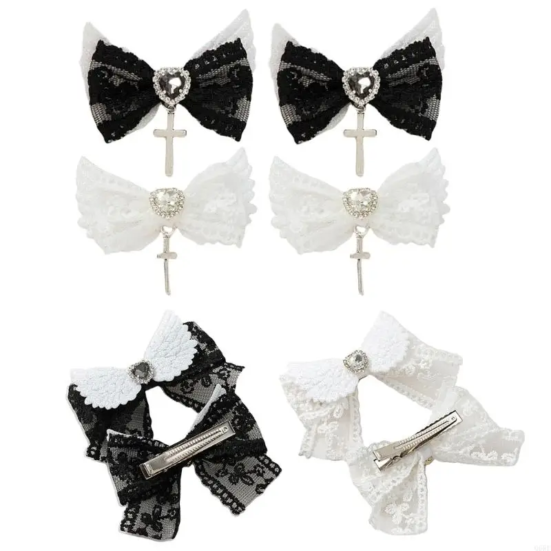 

Q6RE Black Hair Clip Wing Lace Rhinestones Bowknot Balletcore Clip for Lady Girl