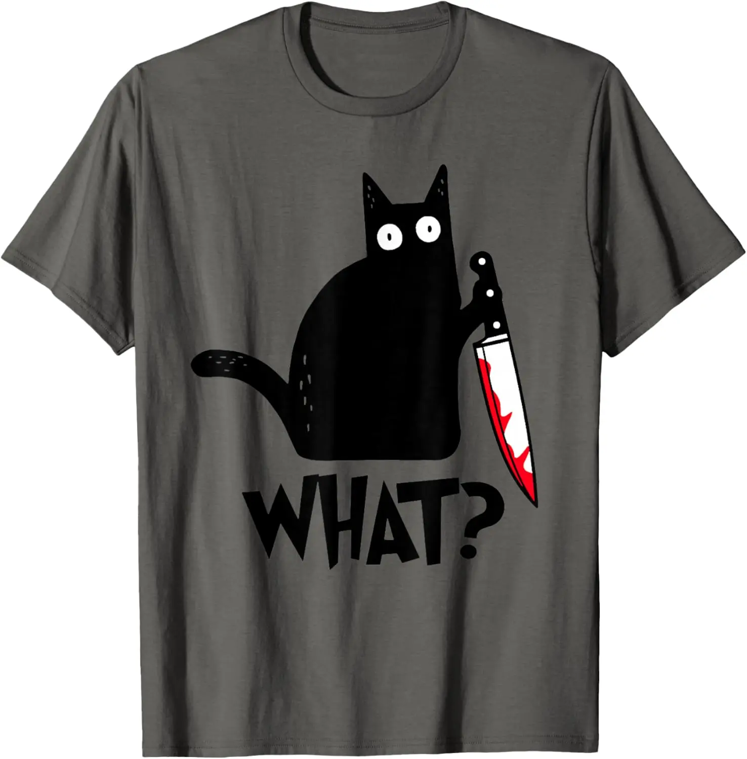 Murderous Black Cat What Graphic Tee Funny Scary Kitten Knife Print Cotton T-Shirt Unisex