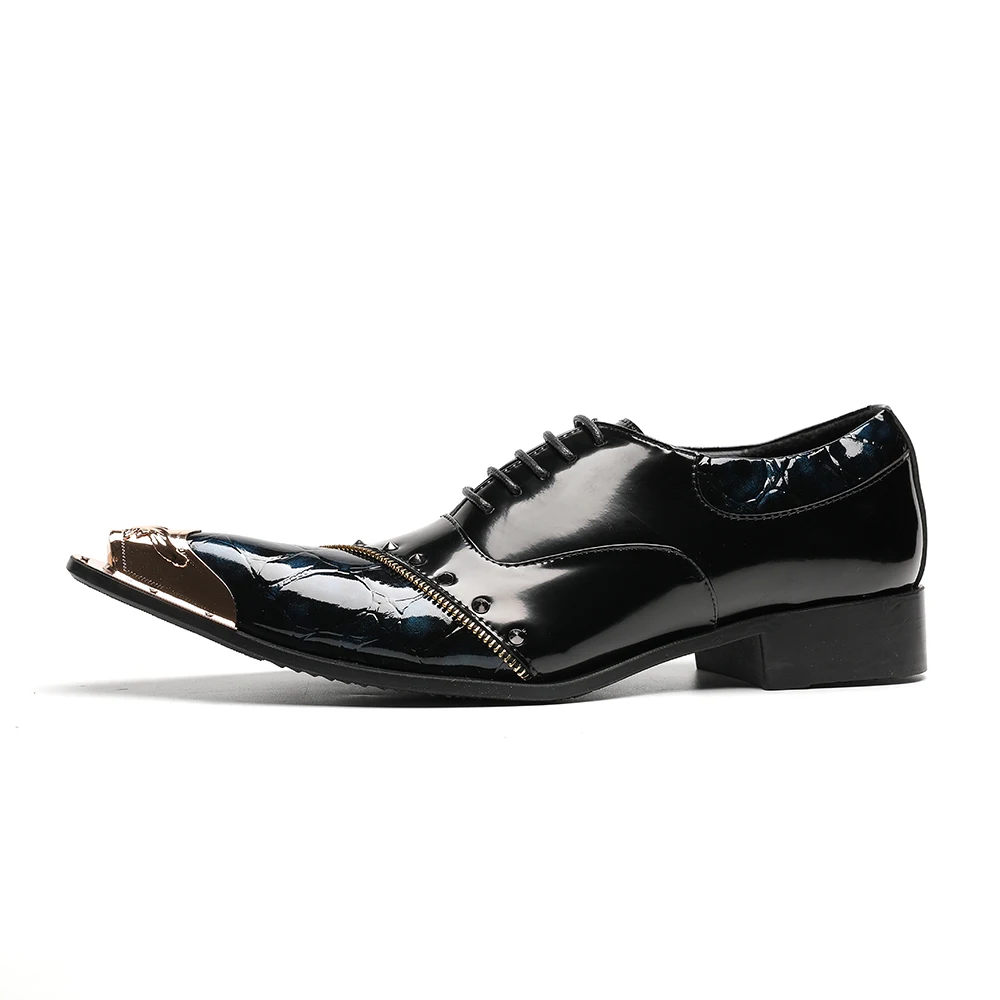 Zapatos Italian Black Metal Pointed Toe Wedding Party Dress Shoes Plus Size Men Business Oxford Shoes Male Real Leather Brogues