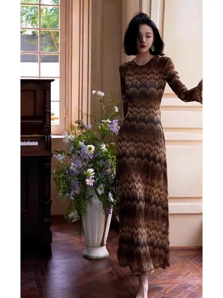 エレ ストライプ ロングスリーブ ドレ レディライク ハイウエスト Aライン シルエット サマー ファッショナブル ドレス パーティー デート カジュアルウェア