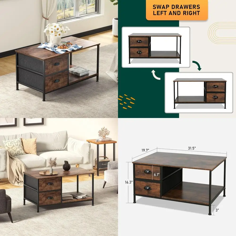 

Space-Saving Brown Wooden 2-Tier Coffee Table with Storage Drawers for Living Room