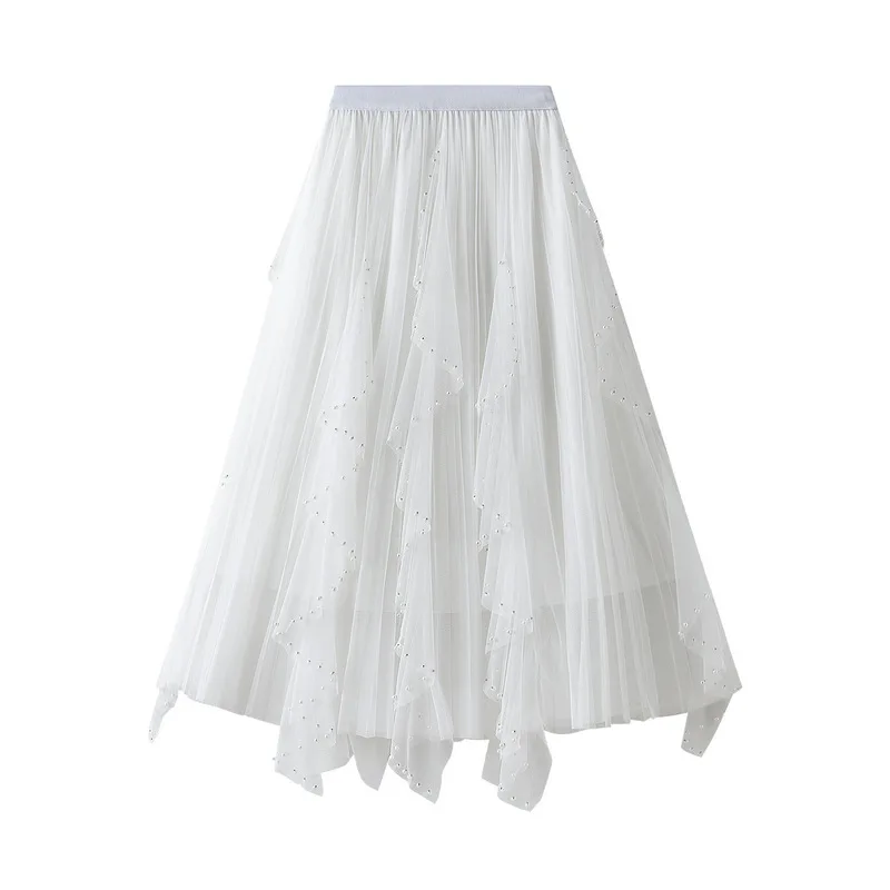 Fairy Gauze Skirt for Femme, Irregular Stitching of Nail Beads, Wave Ruffle Edge, Mesh Skirt, Medium Length Fairy Gauze Skirt