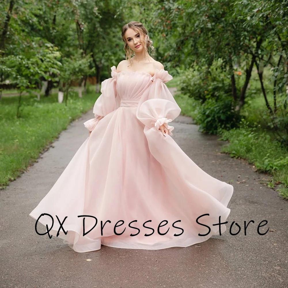 Vestido de noche de tul plisado sin tirantes personalizado, vestido de fiesta drapeado de corte en A con mangas completas, vestido de fiesta largo hasta el suelo sin espalda para mujer