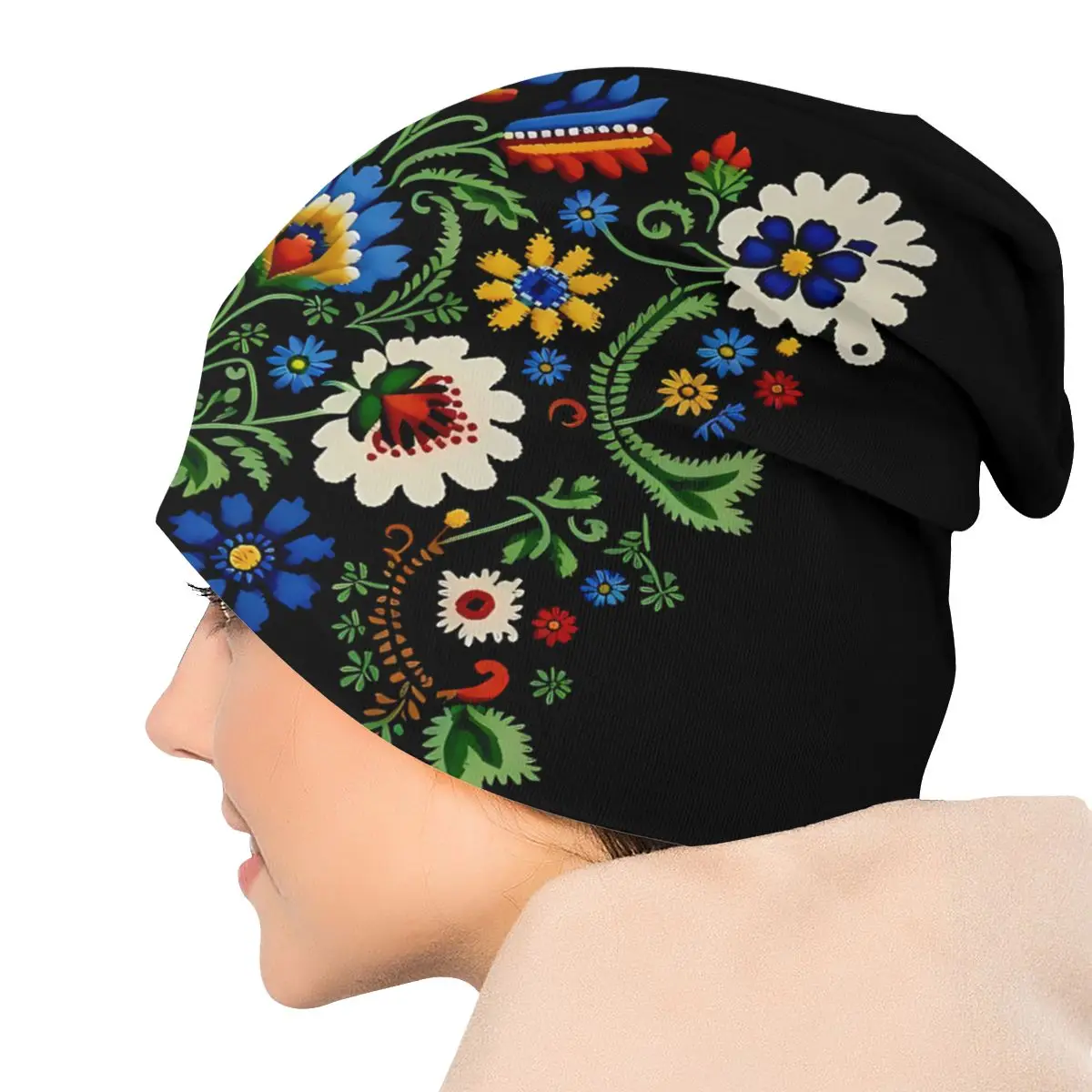 Mexican Portuguese Embroidered Flower Fashion Thin Hats Blue Cream Bonnet High Quality Skullies Beanies Caps