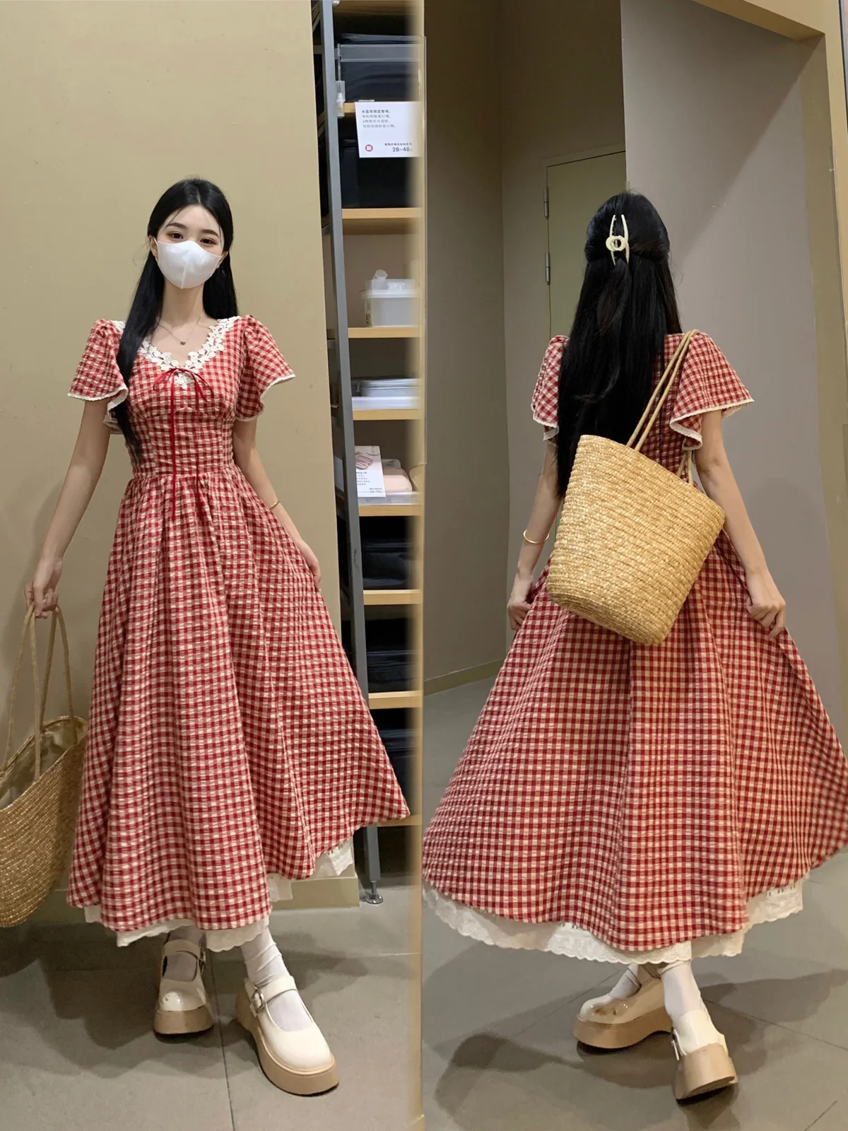 Jupe longue trapèze cintrée à carreaux rouges pour femmes, garniture en dentelle douce, nouvelle collection d'été, collège Dr v-ne ort Sve