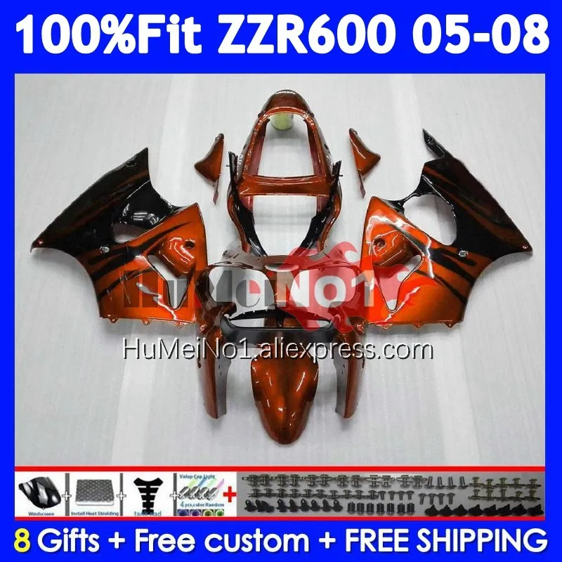 Injection Body For KAWASAKI NINJA ZZR-600 ZZR 600 CC Orange&flames 204No.113 ZZR600 05 06 07 08 2005 2006 2007 2008 OEM Fairings