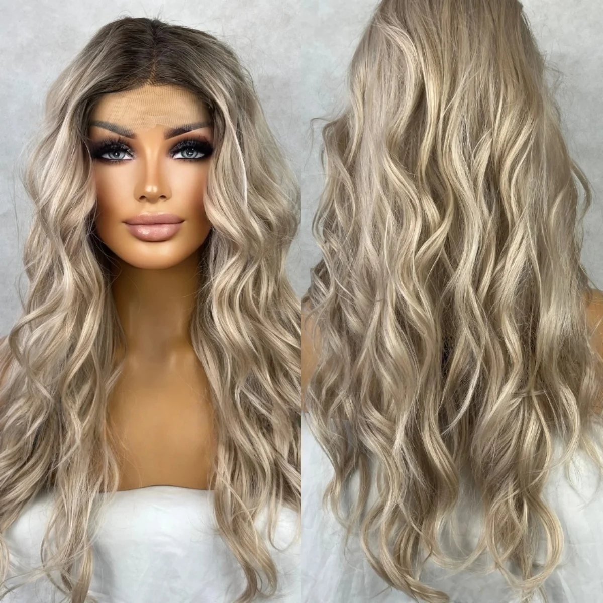 

Модные синтетические парики с глубокими волнами, женский омбре, пепельно-русый с темными корнями, кружевной парик для женщин, невидимый прозрачный парик спереди