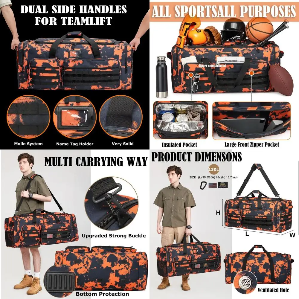 

Большая прочная дорожная и спортивная сумка для мужчин, идеально подходит для тренажерного зала, хоккея, футбола, баскетбола и командных тренировок (оранжевый цвет)