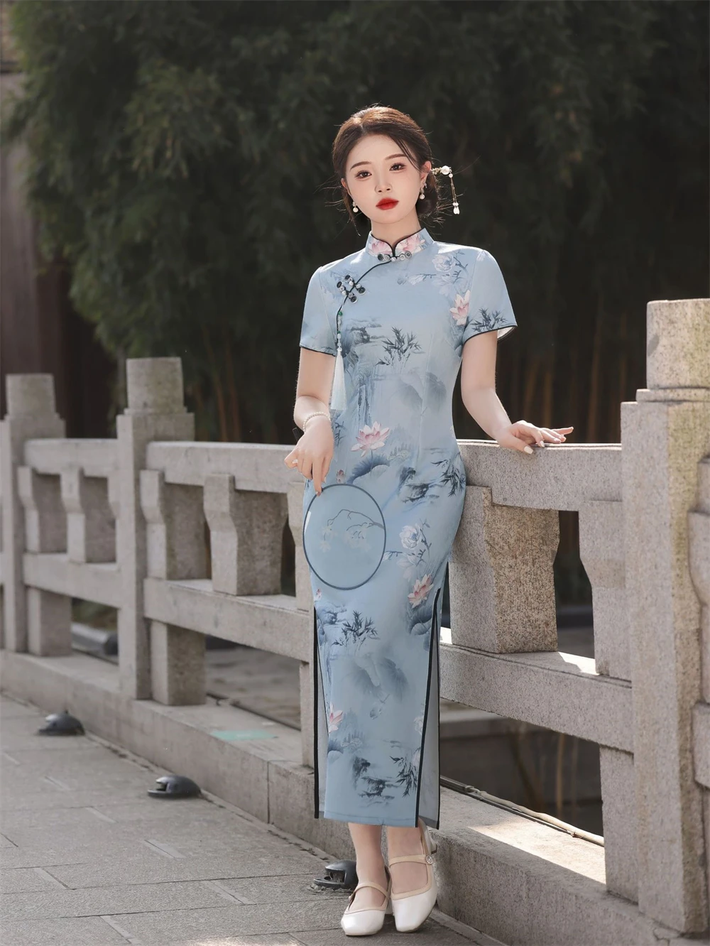 

Ladies Spring Summer Improved Slim Cheongsam Young Style Chinese Traditional Long Qipao Daily Elegant Evening Party Print Dress