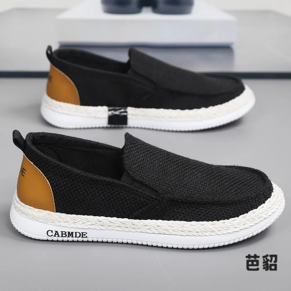 Men's Canvas Slip-On Shoes Linen Casual Breathable Flat Footwear Summer Season round Toe EVA Insole Pure Color Lazy Fashion