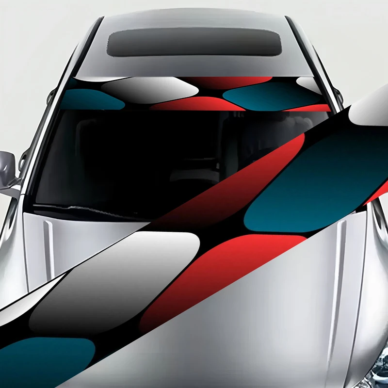1 ورقة حمراء، أزرق رمادي نمط هندسي ثلاثي الأبعاد شريط زخرفي للزجاج الأمامي للسيارة - مقاوم للماء