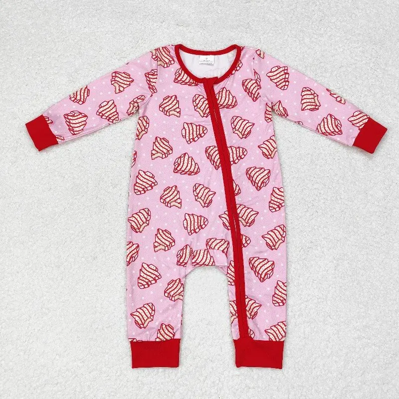 X10.9 Wholesale hot sale baby girls romper Christmas tree cookie polka dot pink zipper long sleeve onesie
