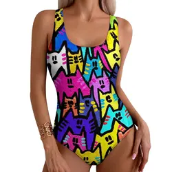 Funny Cat Swimsuit Colorful Cats Pop Art Swimwear One-Piece Fitness Bodysuit Cut Out Bathing Suits Ladies Push Up Sexy Beachwear