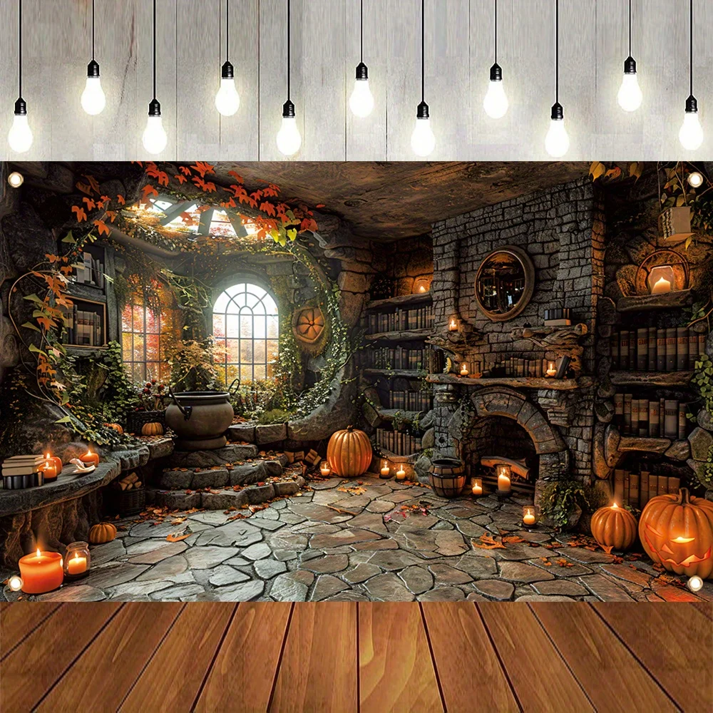 Magic bookshelf pumpkin lantern horror photography background, Halloween night ghost party photo booth supplies