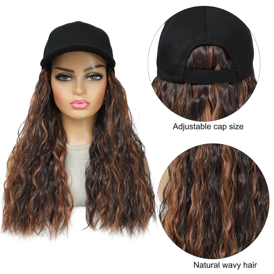وصلات شعر مجعد صناعية مقاومة للحرارة مرفقة بقبعة بيسبول قابلة للتعديل للنساء والفتيات شعر مموج أنيق