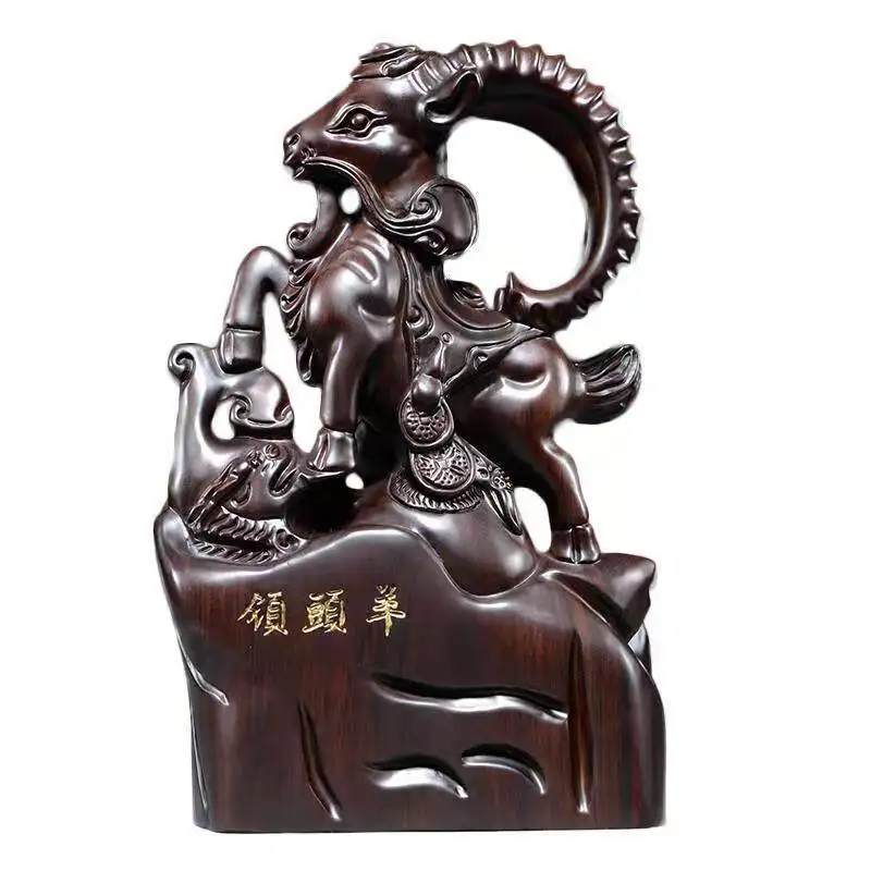 Handcarved Ebony Rosewood Antique Chinese Zodiac Leader Goat Statue Fengshui Lucky Figurine Home Living Room Decor Craft Gift
