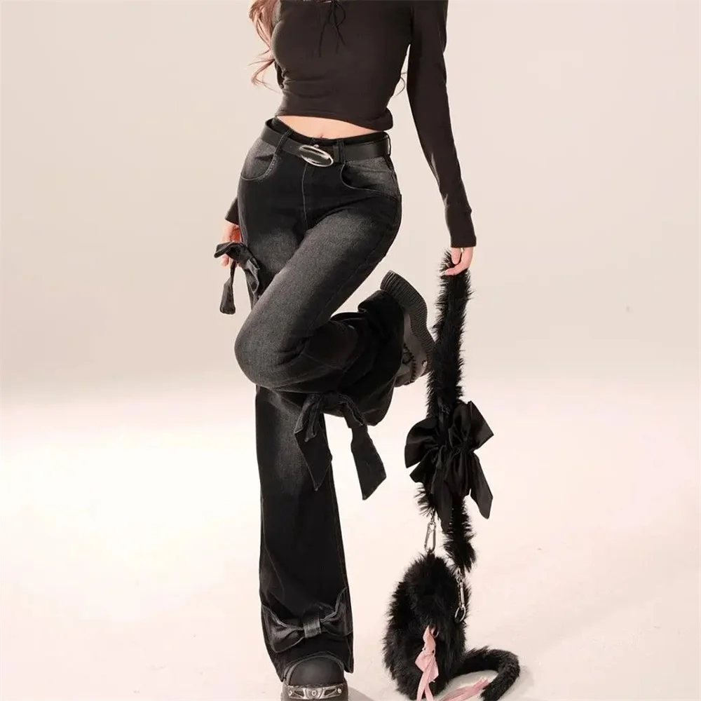 الحلو المرأة السوداء القوطية القوس مضيئة الجينز Harajuku الجمالية Y2K سراويل جينز عالية الخصر كاوبوي بانت خمر 2000s Kawaii السراويل #6