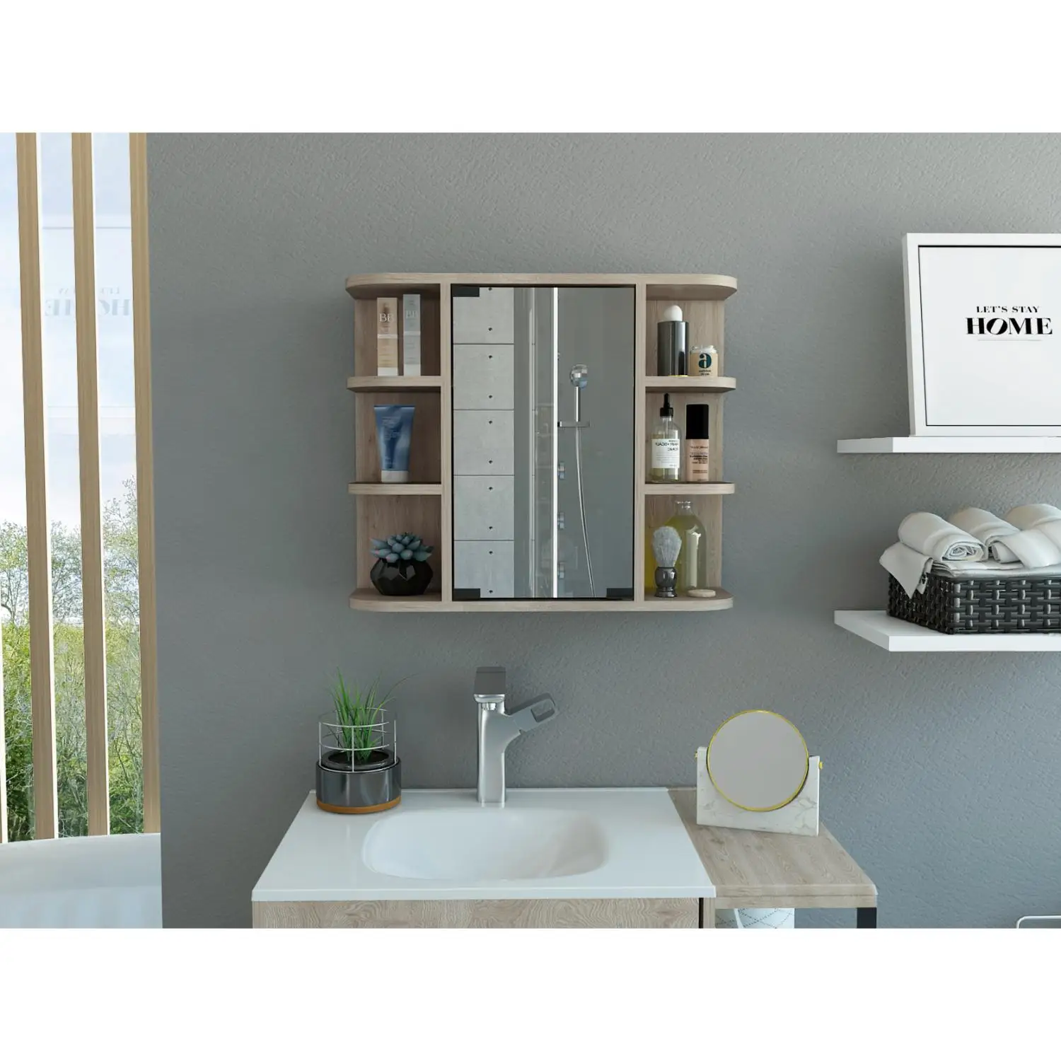 Milan Medicine Cabinet, Six External Shelves Mirror, Three Internal Shelves Light Gray