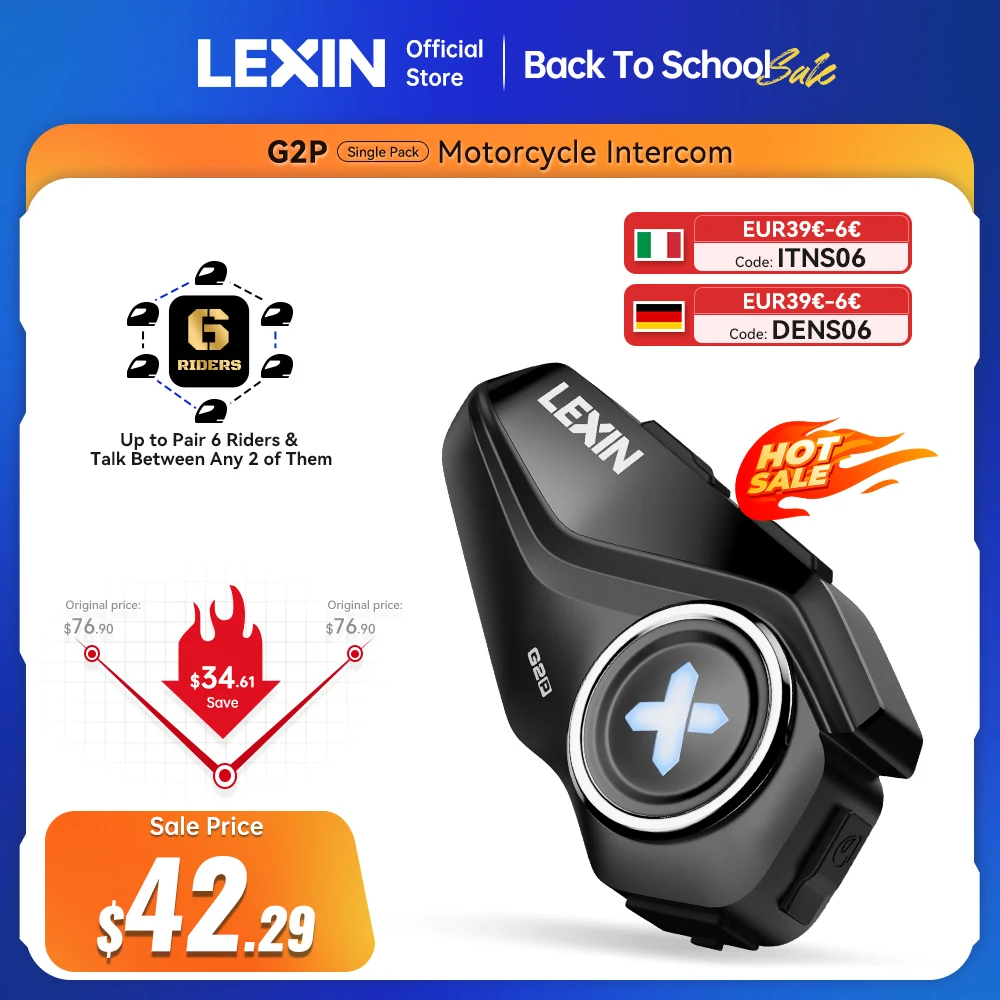 Lexin G2P Motorrad-Gegensprechanlage, Helm-Bluetooth-Headsets, Freisprech-Kommunikator für bis zu 6 Fahrer, Gegensprechanlage mit UKW-Radio