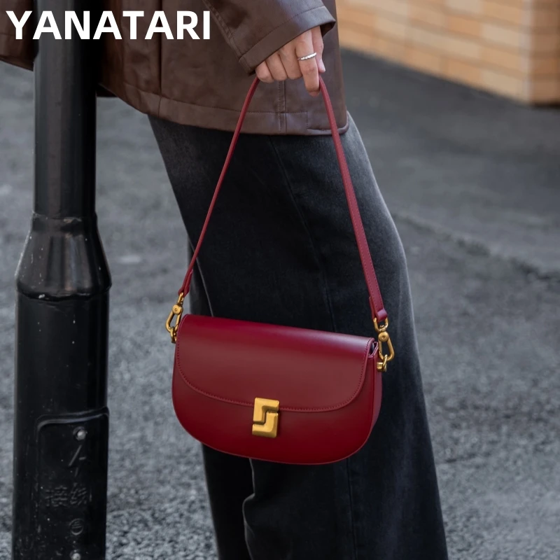 YANATARI Genuine leather red shoulder bag woman minimalist crossbody bag cowhide luxury handbags female luxury bag armpit bag