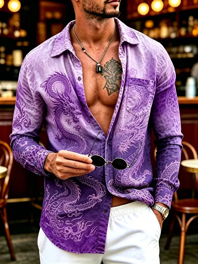 New khaki mandala lotus totem 3D printed shirt with exotic ethnic style men's loose long sleeved shirt