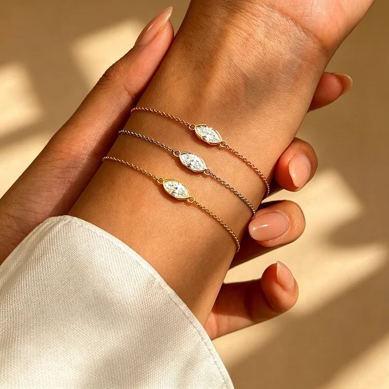 Smyoue 1CT D Color Marquise Cut Moissanite Bracelets for Women Adjustable Chain Birthday Gift 100% Real Pure 925 Silver Jewelry