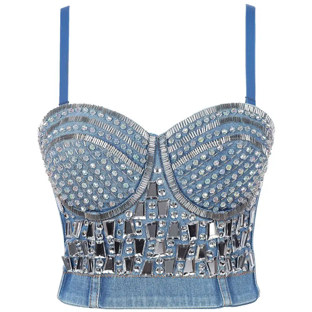 Sexy Denim Rhinestone Corset Camisoles Bustiers Bra Party Club Streetwear Lingerie Look Stage costumes