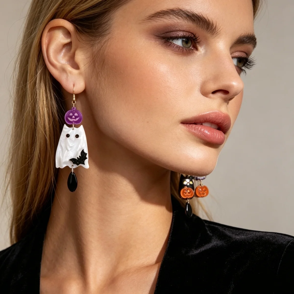 Asymmetrische Ohrringe aus Acryl mit schwarzer und weißer Katze, Kürbis, Fledermaus, Hexenhut für Frauen, Gothic-Blumen-Geister-Tropfenohrringe, Halloween-Schmuck – Detail 5