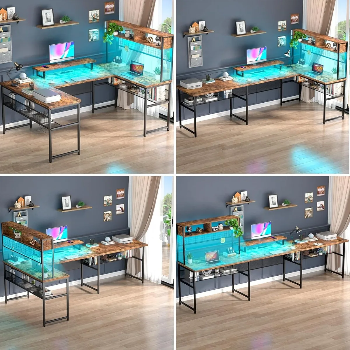 U Shaped Office Desk , Reversible Computer Desks with Power Outlets and LED Strip, Shaped Gaming Table with Monitor Stand