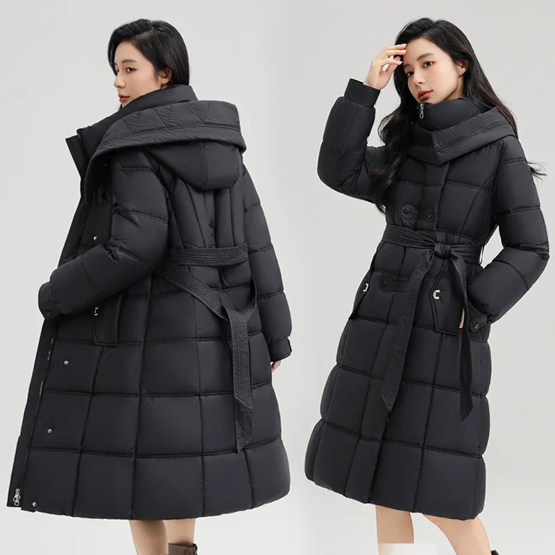 PinkyIsBlack 2025 New Long Hooded Winter Cotton Padded Jacket Coat Women Parkas Thick Clothes Female Casual Outerwear with Belt