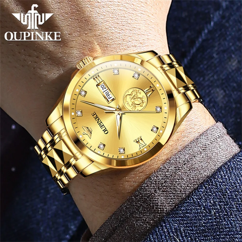 OUPINKE Luxury Brand Watch Men Real Gold Dragon Sculpture Japan Movement Luminous Waterproof Automatic Mechanical Man Wristwatch