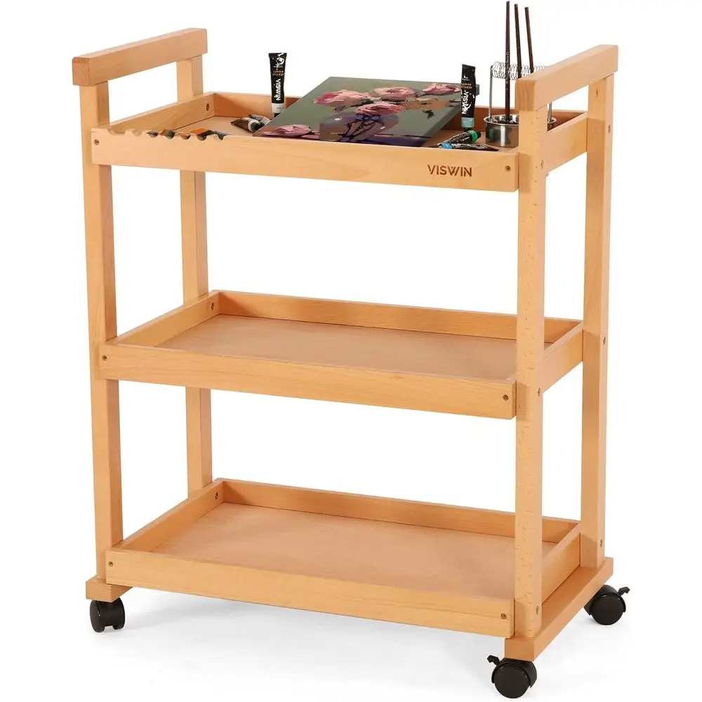 

Органайзер для художественных принадлежностей, 3-уровневый многофункциональный передвижной стеллаж из массива дерева на колесиках