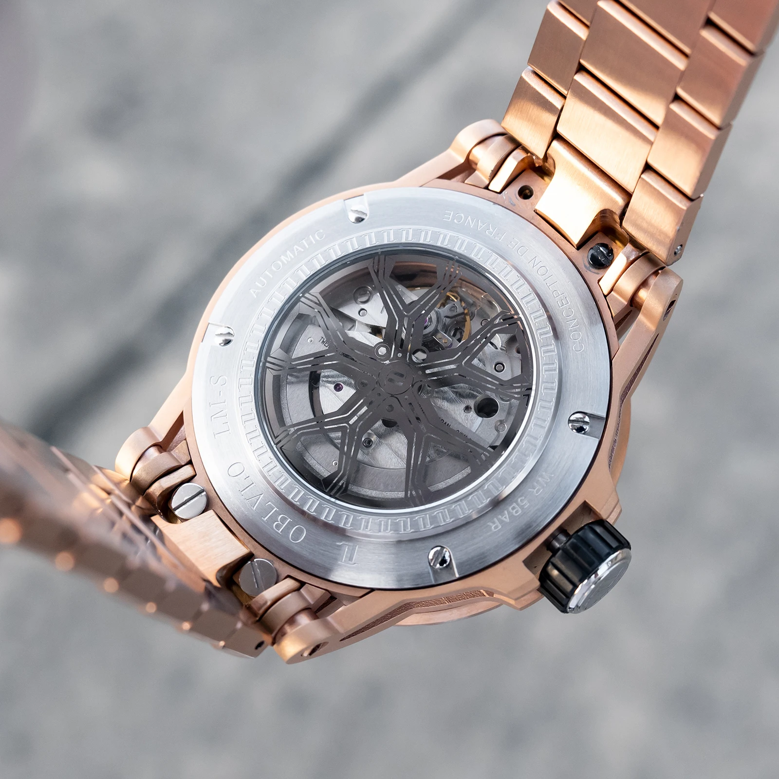 OBLVLO Мужские модные механические автоматические часы Cyber Planet Wheel Design Розовое золото Черный циферблат Светящиеся водонепроницаемые военные часы