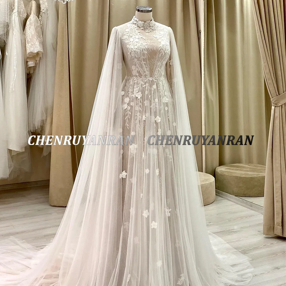 Gaun Pesta Pernikahan Muslim Boho Penutup Belakang Gaun Pengantin Panjang untuk Wanita Renda Applique A-Line Tulle Sapu Kereta Vestido De Novia