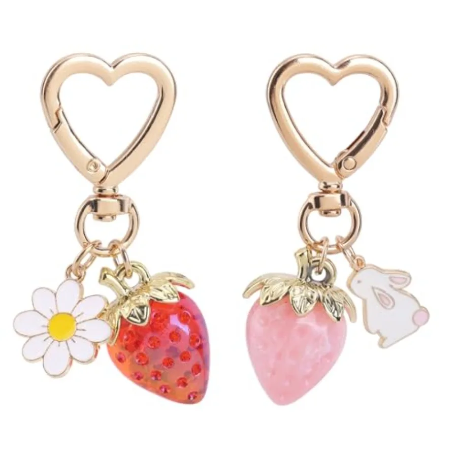 

2pcs Cute Strawberry Keychains Kawaii Berry Heart Rabbit Daisy Flower Keyrings Fruit Key Chain Purse Bag Charm Accessories Drs