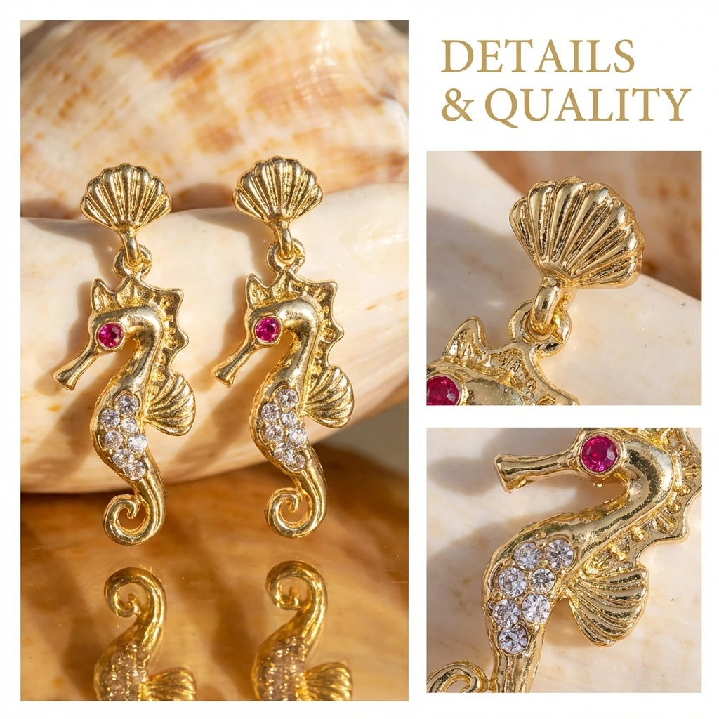 Elegante Rosa Klare Strass-Seepferdchen-Ohrhänger für Damen Goldfarbene Muschel-Ohrstecker Nautisches Ozean-Thema Schmuck Sommer-Geschenk – Detail 6
