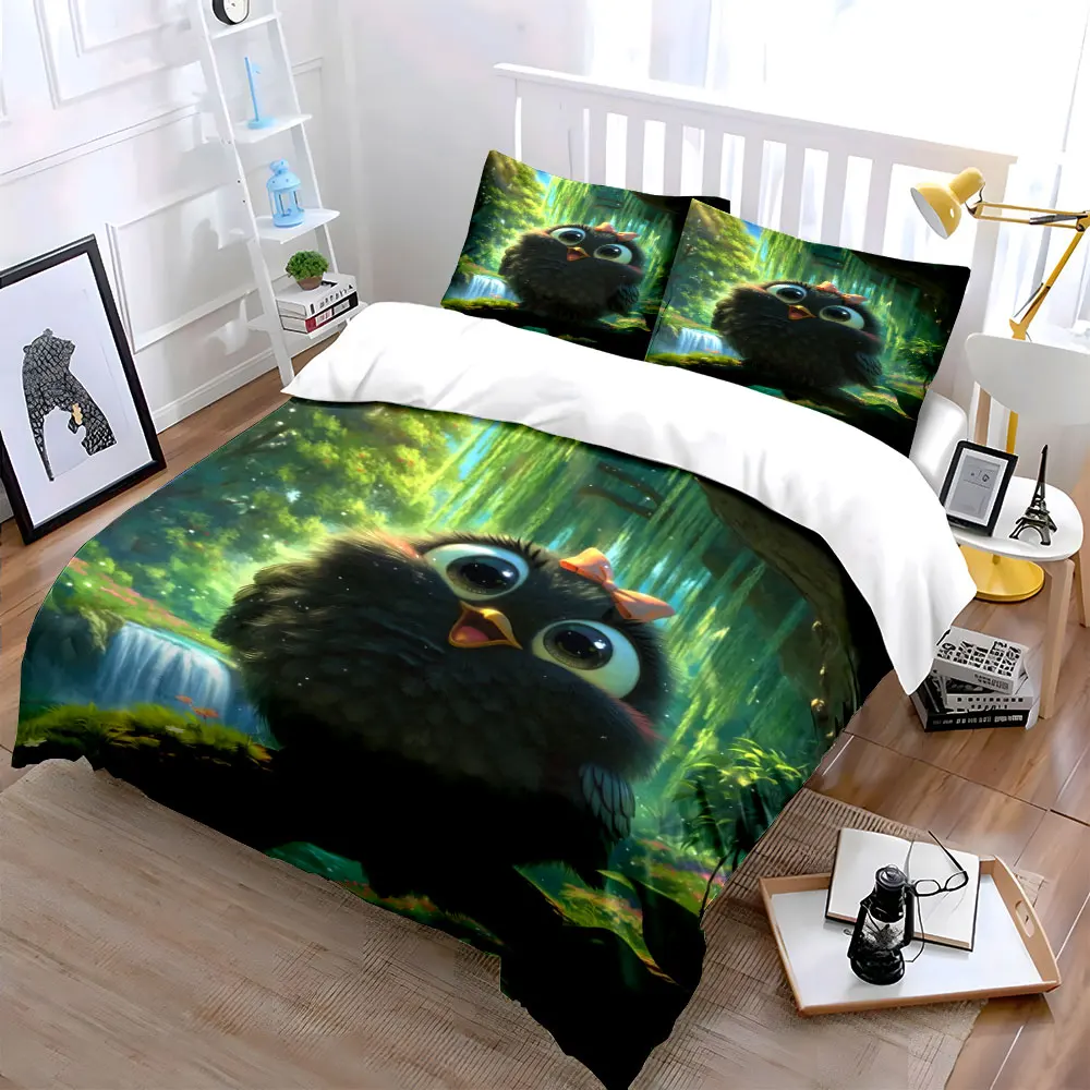 Cute bird with forest waterfall Print Bedding Set 1 Duvet Cover 2 Pillowcases for Adult and Children Luxury Gift Full Size